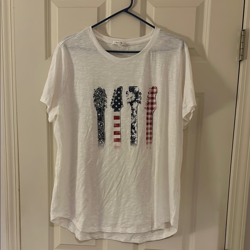 White Graphic T-Shirt with Red and Blue Design